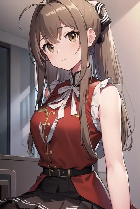 isuzusento, <lora:isuzusentotest:1>, 
isuzu sento, ahoge, (brown eyes:1.7), light brown hair, long hair, ponytail, hair ribbon, ribbon, (medium breast:1.2),
BREAK aiguillette, ankle boots, black ribbon, black skirt, boots, brown footwear, cross-laced footwear, frilled skirt, frills, jacket, lace-up boots, military, military uniform, pleated skirt, (red jacket:1.5), skirt, thighhighs, uniform, white thighhighs, white ribbon, buttons, (sleeveless:1.5),
BREAK looking at viewer,
BREAK indoors, classroom,
BREAK <lora:GoodHands-vanilla:1>, (masterpiece:1.2), best quality, high resolution, unity 8k wallpaper, (illustration:0.8), (beautiful detailed eyes:1.6), extremely detailed face, perfect lighting, extremely detailed CG, (perfect hands, perfect anatomy),