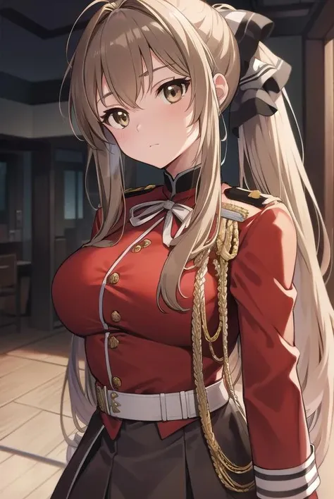 isuzusento, <lora:isuzusentotest:1>,
isuzu sento, ahoge, (brown eyes:1.7), light brown hair, long hair, ponytail, hair ribbon, ribbon, (medium breast:1.2),
BREAK aiguillette, ankle boots, black ribbon, black skirt, boots, brown footwear, cross-laced footwear, frilled skirt, frills, jacket, lace-up boots, military, military uniform, pleated skirt, (red jacket:1.5), skirt, thighhighs, uniform, white thighhighs, white ribbon, buttons, sleeveless,
BREAK looking at viewer,
BREAK indoors, classroom,
BREAK <lora:GoodHands-vanilla:1>, (masterpiece:1.2), best quality, high resolution, unity 8k wallpaper, (illustration:0.8), (beautiful detailed eyes:1.6), extremely detailed face, perfect lighting, extremely detailed CG, (perfect hands, perfect anatomy),