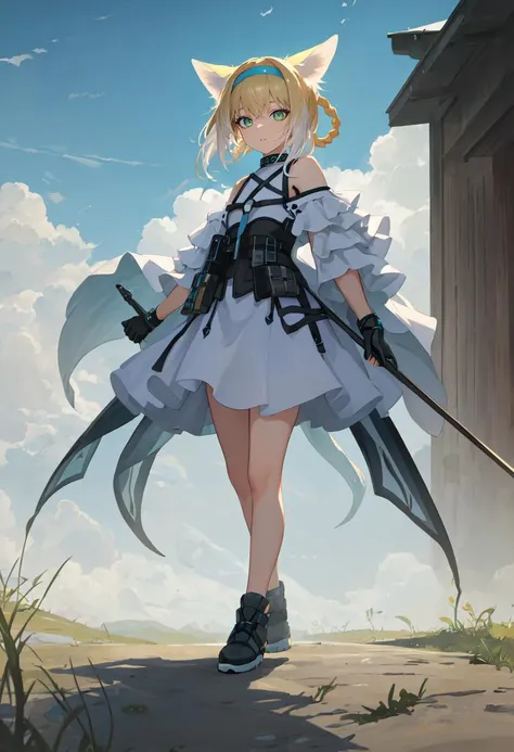 ((masterpiece, best quality, masterpiece)), ((ultra-detailed)), ((high resolution illustration)), ((an extremely delicate and beautiful)) ((1girl)), ((yowane_haku, ((white hair)), red eyes, long hair, ponytail, hair ribbon, cleavage, medium breasts)), ray_tracing, (((beautiful detailed wheat_field, cloudy sky, outdoors))), ((photorealistic)), <lora:HakuMMD:0.5> ((thighhighs, long dress:1.2, lace trim, high heels, side slit, lace-trimmed legwear, garter straps, blue dress:1.2, jewelry, blue gloves, flower, lace,)), (happy, blush) <lora:TeaPartyDress:0.5>
