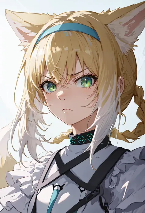 best quality, masterpiece, highres, solo, (suzuran_arknights:1.10), angry, annoyed, portrait, looking at viewer, 35 <lora:suzuran_arknights:0.80>