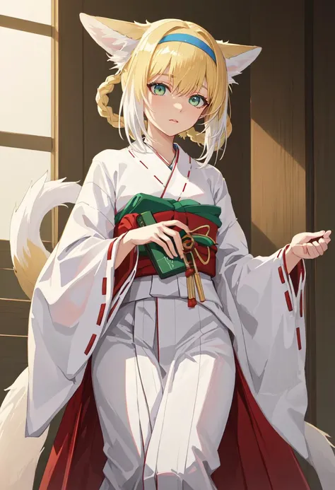 best quality, masterpiece, highres, solo, (suzuran_arknights:1.10), (white kimono:1.35), (red hakama:1.35), (wide sleeves:1.20), 23 <lora:suzuran_arknights:0.80>
