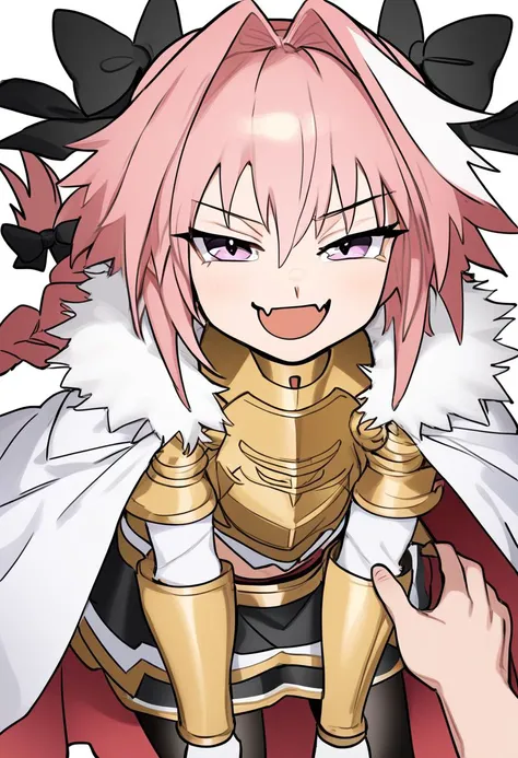 best,hight,amazing,1girl,<lora:astolfo_pony:1>,solo, black_ribbon, white_cloak, gorget, fur_collar, 1boy, black_bow, highres, astolfo_\(fate\), hair_ribbon, skin_fang, hair_intakes, commentary, white_background, looking_at_viewer, simple_background, smile, single_braid, smug, male_focus, armor, black_pantyhose, fur-trimmed_cloak, black_skirt, long_braid, hair_bow, hands_on_own_thighs, bent_over