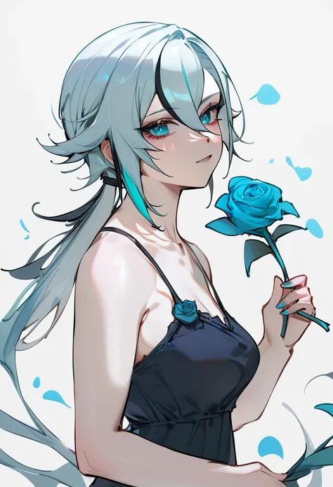 best,hight,score_9,bare_shoulders, arlecchino_\(genshin_impact\), camisole, 1girl, upper_body, commentary, aqua_rose, solo, absurdres, low_ponytail, holding_flower, highres, spaghetti_strap