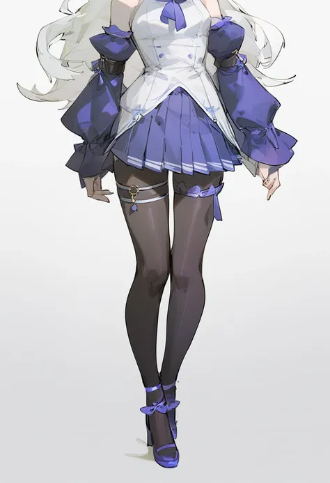 best,hight,score_9,hight, 1girl, solo, white_background, from_behind, simple_background, white_hair, very_long_hair, black_pantyhose, dress, standing, thigh_strap, head_out_of_frame, long_sleeves, no_shoes, full_body, bare_shoulders, detached_sleeves, pleated_skirt, armband, tiptoes