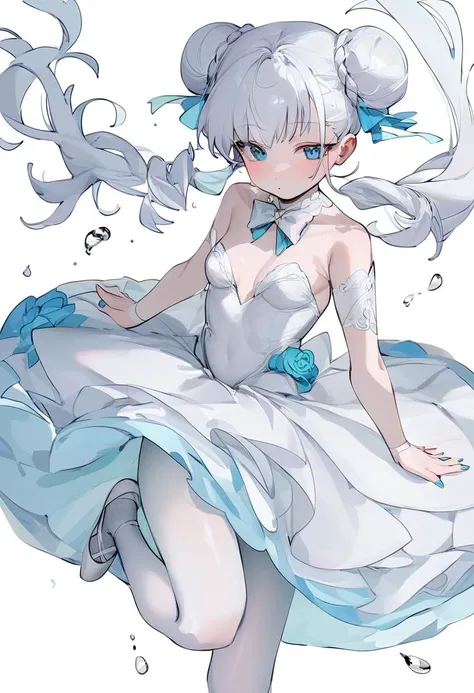 best,hight,score_9,hight,girl, tutu, solo, white_hair, blue_eyes, white_pantyhose, double_bun, flower, small_breasts, white_background, leotard, water_drop, +_+, nail_polish, dress, blue_nails, very_long_hair, ballet, sidelocks, simple_background, official_alternate_costume, bangs, ballerina