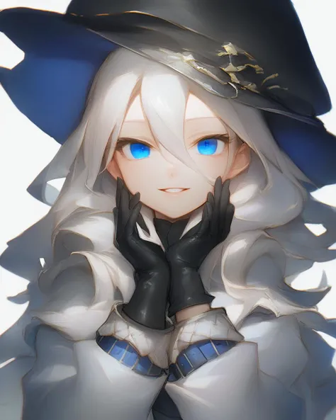 amazing,hight,score_9,blue_eyes, 1girl, solo, hat, white_background, looking_at_viewer, long_hair, black_gloves, white_hair, upper_body, simple_background, long_sleeves, parted_lips, hair_between_eyes, smile, black_headwear