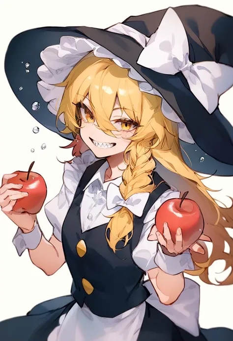 best,hight,score_9,amazing,11girl, witch_hat, kirisame_marisa, solo, blonde_hair, apple, long_hair, yellow_eyes, white_background, holding_fruit, looking_at_viewer, wrist_cuffs, upper_body, white_bow, puffy_short_sleeves, single_braid, vest, simple_background, hat_bow, grin, black_headwear, bangs, teeth, water_drop, hair_between_eyes, white_shirt, frilled_hat