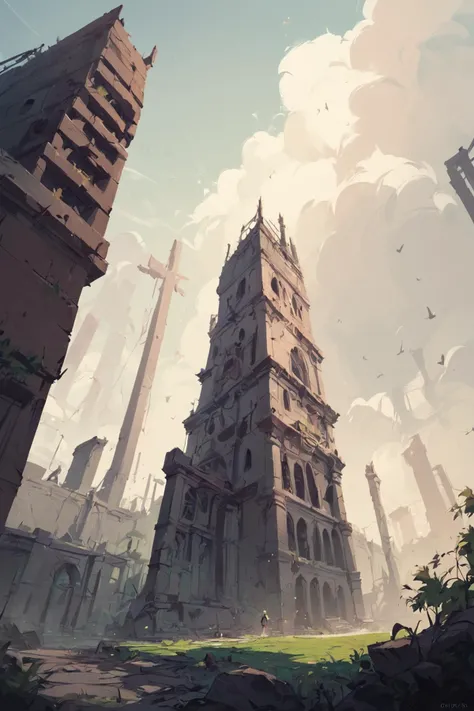 score_9, score_8_up, score_7_up, score_6_up, score_9, score_8_up, score_7_up, score_6_up. In a post-apocalyptic world... Ruins of city. The landscape is filled with ruins of modern houses. Low wide angle. Best quality. Breathtaking photo, dramatic light, award-winning, professional, highly detailed, 8k