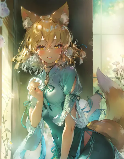 detailed, aesthetic, beautiful, beautiful color, amazing quality, best quality, long hair, 1girl, solo, medium hair, short sleeves, yellow eyes, animal_ear_fluff, fox tail, kudamaki tsukasa, romper, blonde hair, green ribbon, hair between eyes, blush, <lora:kudamaki_tsukasa_image1939_2023-12-20:1>, <lora:miv4t:1>, upper body, sunlight, smile, looking at viewer