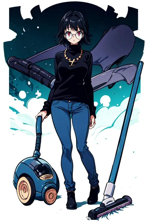 1girl, solo, <lora:Shizuku_Murasaki:0.8>, shizuku_murasaki, glasses, crimson eyes, blue jeans, black sweater, vacuum cleaner, outdoors, <lora:add_detail:0.7>, <lora:tachi-e:1>, white background, full body,