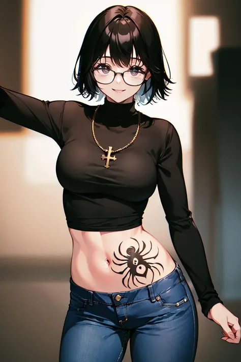 ((masterpiece,best quality)), absurdres,
<lora:Shizuku_Murasaki:0.7>, Shizuku_Murasaki, denim jeans, cross, glasses, stomach tattoo, 
solo, smiling, looking at viewer, cowboy shot, 
cinematic composition, dynamic pose,