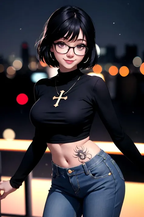 centered, award winning upper body portrait, cowboy shot, (looking at viewer:1.2), | solo, standing, smile, Shizuku_Murasaki, denim jeans, cross, glasses, stomach tattoo, | city, urban scenery, city lights, | bokeh, depth of field, cinematic composition, |  dynamic pose, <lora:Shizuku_Murasaki:0.6>