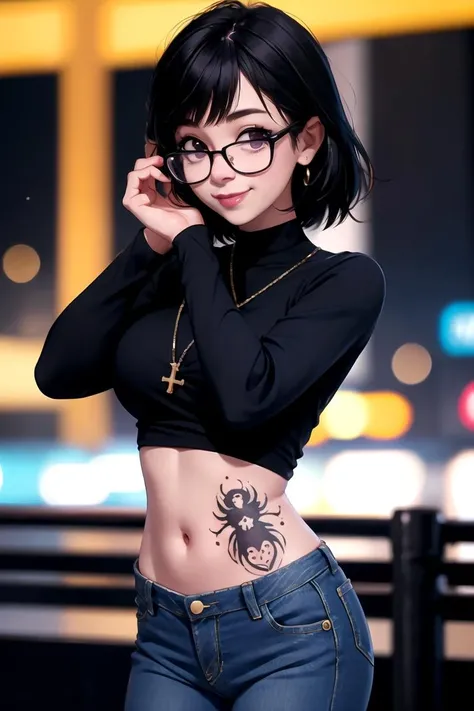 centered, award winning upper body portrait, cowboy shot, (looking at viewer:1.2), | solo, standing, smile, Shizuku_Murasaki, denim jeans, cross, glasses, stomach tattoo, | city, urban scenery, city lights, | bokeh, depth of field, cinematic composition, | dynamic pose, <lora:Shizuku_Murasaki:0.6>