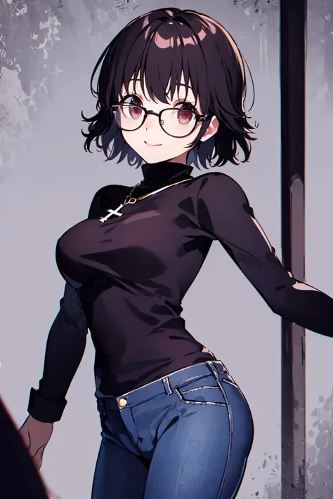 ((masterpiece,best quality)), absurdres,
<lora:Shizuku_Murasaki_v1:0.7>, Shizuku_Murasaki, denim jeans, cross, glasses,
solo, smiling, looking at viewer, cowboy shot,
cinematic composition, dynamic pose,