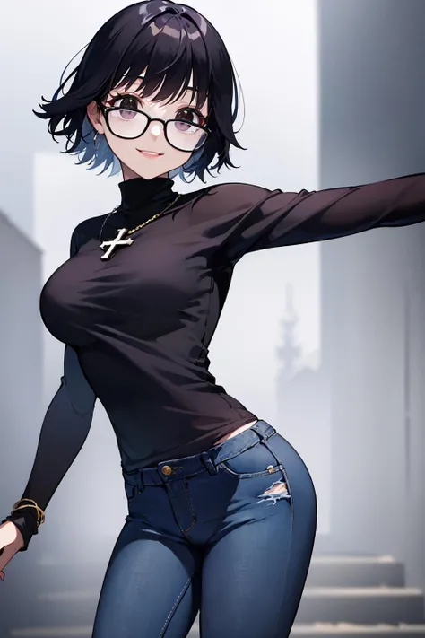 ((masterpiece,best quality)), absurdres,
<lora:Shizuku_Murasaki_v2:0.7>, Shizuku_Murasaki, denim jeans, cross, glasses,
solo, smiling, looking at viewer, cowboy shot,
cinematic composition, dynamic pose,