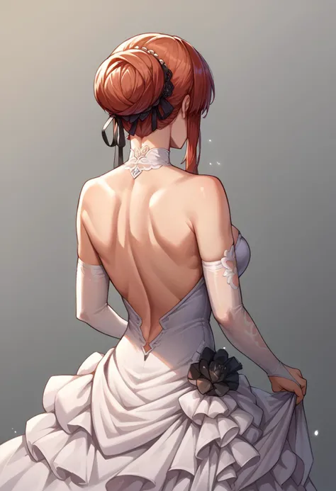 score_9, score_8_up, source_anime, 1girl, solo, MonarchAL, hair bun, sidelocks, black hair ribbon, backless dress, bridal gauntlets, from behind, back, nape, strapless dress, wedding dress, white dress, simple background, <lora:ChamMonarchPonyXL:1>
