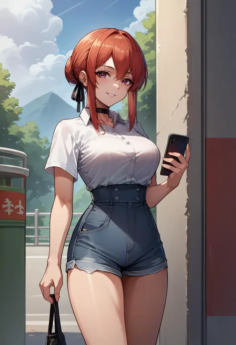 score_9, score_8_up, source_anime, 1girl, solo, MonarchAL, hair bun, sidelocks, black hair ribbon, white shirt, dress shirt, short sleeves, black choker, holding cellphone, denim shorts, high-waist shorts, outdoors, smile, <lora:ChamMonarchPonyXL:1>