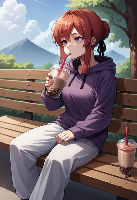 score_9, score_8_up, source_anime, 1girl, solo, MonarchAL, hair bun, sidelocks, black hair ribbon, purple hoodie, baggy pants, outdoors, sitting, on bench, drinking, sipping, straw, bubble tea, <lora:ChamMonarchPonyXL:1>