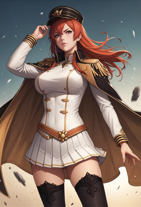 score_9, score_8_up, score_7_up, score_6_up, score_5_up, score_4_up, realistic, dramatic lighting, backlighting, sunbeam
BREAK solo, monarchbase, military uniform, pleated white skirt, epaulets, cape, thigh highs, hat, hand on hat, wind, action shot, badass
<lora:MonarchAL_ponyXL_v10:1>