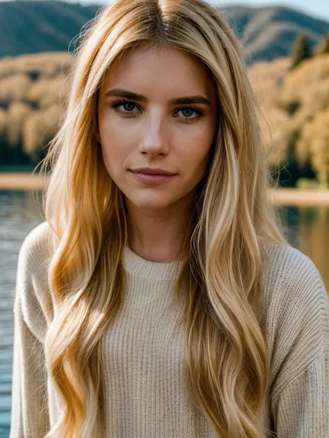 <lora:emma3-29:1> a photo of emrb,long hair ,blonde hair,close-up,cinematic, bokeh,lake,soft lighting ,golden hour,masterpiece,lake,highly detailed skin,pores,wearing a sweater, <lora:add_detail:1>