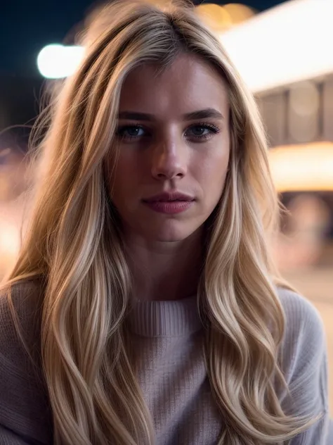 <lora:emma3-29:1> a photo of emrb,long hair ,blonde hair,close-up,cinematic,Canon powershot , bokeh,filmic grain,motion blur,soft lighting ,neon lights,uhd,8k,ultrasharp,masterpiece,city street,nighttime,wearing a sweater,low brightness,dimly lit <lora:add_detail:1>