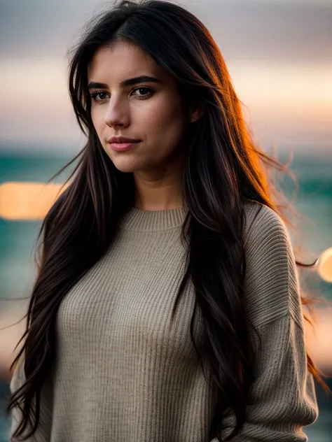 <lora:emma3-29:1> a photo of emrb,long hair ,black hair,close-up,cinematic,Canon powershot , bokeh,filmic grain,motion blur,soft lighting ,golden hour,uhd,8k,ultrasharp,masterpiece,beach,nighttime,wearing a sweater,low brightness,dimly lit <lora:add_detail:1>