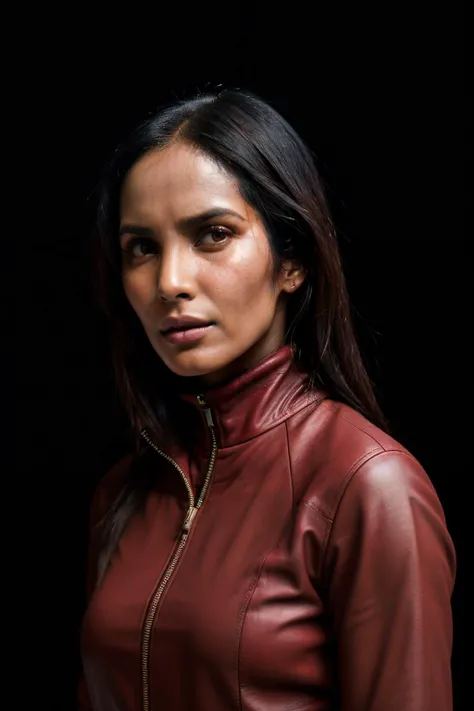 A stunning intricate full color portrait of padmaLak2, wearing a red leather turtleneck shirt, epic character composition, by ilya kuvshinov, alessio albi, nina masic, sharp focus, natural lighting, subsurface scattering, f2, 35mm