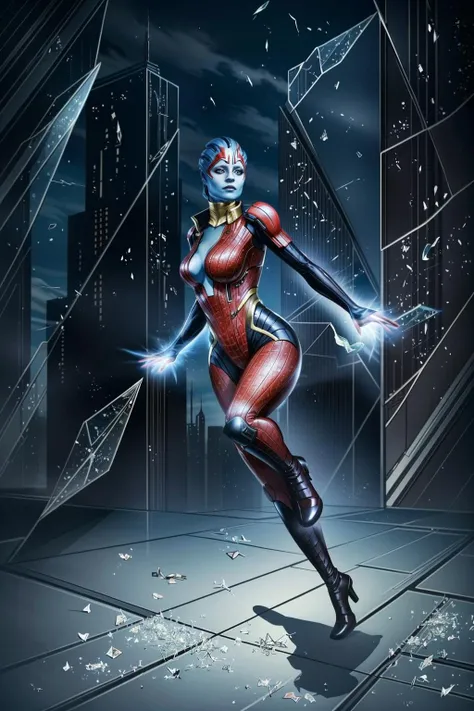 (masterpiece, best quality:1.3)
<lora:add_detail:0.7> <lora:epi_noiseoffset2:1> <lora:SamaraME:0.8>
SamaraME, 1girl, solo, breasts, medium breasts, full body, bodysuit, mask, night, colored skin, building, city, blue skin, electricity, glass, superhero, skyscraper, alien, silk, spider web, broken glass