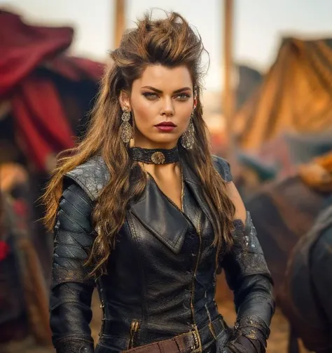(masterpiece:1.2), (best quality,:1.2), 8k, HDR, ultra detailed, ((photorealistic)), professional light, cinematic lighting, fashion photography, ambient lighting, face lighting, Samantha, <lora:Samantha-10:1>, dynamic pose, earrings, choker, messy and long hair, dark makeup, ((upper body shot)), OverallDetail, fhanddetail, ffacedetail, middle-aged, as female survivor, wearing intricate leather and metal armor under a long black leather coat, <lora:detail_slider_v4:3.5>, looking at viewer,  <lora:PostApocalypticV1:0.6>, 99post96apocalyptic44, in a hot desert, FanLan, FanAm, <lora:Armor-10:0.74>, <lora:FantasyLandscape-10:0.7>