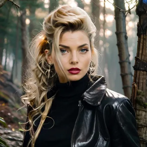 (masterpiece:1.2), (best quality,:1.2), 8k, ultra detailed, ((photorealistic)), fantasy, professional light, cinematic lighting, fashion photography, ambient lighting, face lighting, Samantha, <lora:Samantha-10:1>, choker, earrings, dark lipstick, dark makeup, long and curly and messy hair, ((portrait shot)), standing in a fantasy forest, sunlight through trees, godrays, FanLan, <lora:FantasyLandscape:0.8>, brown leather coat, white turtleneck pullover