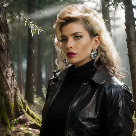 (masterpiece:1.2), (best quality,:1.2), 8k, ultra detailed, ((photorealistic)), fantasy, professional light, cinematic lighting, fashion photography, ambient lighting, face lighting, Samantha, <lora:Samantha-10:1>, choker, earrings, dark lipstick, dark makeup, long and curly and messy hair, ((portrait shot)), standing in a fantasy forest, sunlight through trees, godrays, FanLan, <lora:FantasyLandscape:0.8>, brown leather coat, white turtleneck pullover