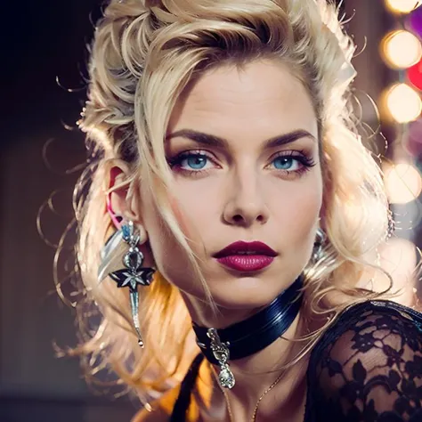 (masterpiece:1.2), (best quality,:1.2), 8k, ultra detailed, ((photorealistic)), fantasy, professional light, cinematic lighting, fashion photography, ambient lighting, face lighting, Samantha, <lora:Samantha-10:1>, choker, necklace, earrings, dark makeup, dark lipstick, (upper body view), dynamic pose, long and messy blonde hair,