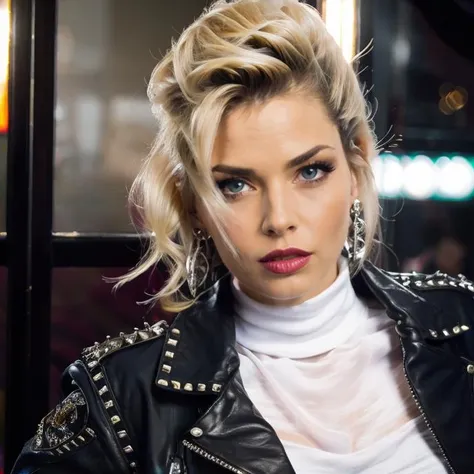 (masterpiece:1.2), (best quality,:1.2), 8k, ultra detailed, ((photorealistic)), fantasy, professional light, cinematic lighting, fashion photography, ambient lighting, face lighting, Samantha, <lora:Samantha-10:1>, as biker chick, choker, earrings, dark lipstick, dark makeup, long and curly and messy hair, ((portrait shot)), standing biker bar, FanLan, <lora:FantasyLandscape:0.8>, studded leather biker vest, white turtleneck shirt, bandana