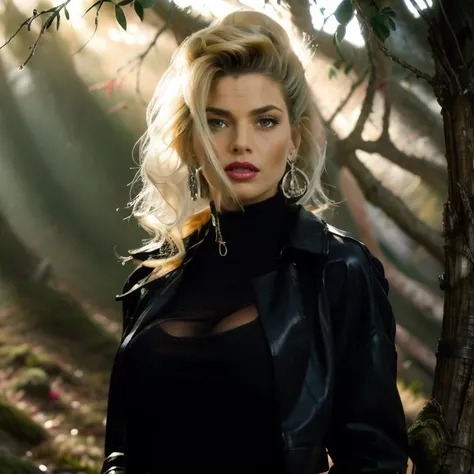 (masterpiece:1.2), (best quality,:1.2), 8k, ultra detailed, ((photorealistic)), fantasy, professional light, cinematic lighting, fashion photography, ambient lighting, face lighting, Samantha, <lora:Samantha-10:1>, as cowgirl, choker, earrings, dark lipstick, dark makeup, long and curly and messy hair, ((portrait shot)), standing in a fantasy forest, sunlight through trees, godrays, FanLan, <lora:FantasyLandscape:0.8>, long brown leather coat, white turtleneck pullover