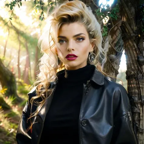 (masterpiece:1.2), (best quality,:1.2), 8k, ultra detailed, ((photorealistic)), fantasy, professional light, cinematic lighting, fashion photography, ambient lighting, face lighting, Samantha, <lora:Samantha-10:1>, choker, earrings, dark lipstick, dark makeup, long and curly and messy hair, ((portrait shot)), standing in a fantasy forest, sunlight through trees, godrays, FanLan, <lora:FantasyLandscape:0.8>, brown leather coat, white turtleneck pullover