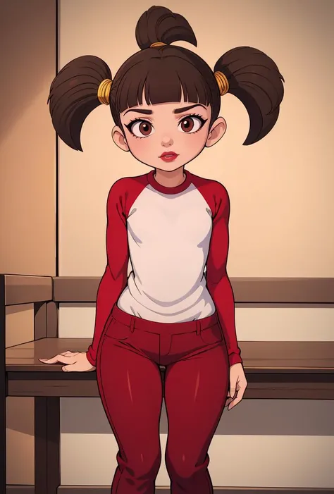 (masterpiece, best quality), 1girl, <lora:Trixie_LazyTown_Leaf4:0.8> solo, Trixie, 1girl, solo, brown hair, short twintails, brown eyes, blunt bangs, white shirt, red raglan sleeves, pink lipstick, red sleeves, red pants,