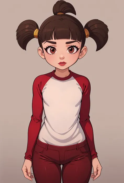 (masterpiece, best quality), 1girl, <lora:Trixie_LazyTown_Leaf4:0.8> solo, Trixie, 1girl, solo, brown hair, short twintails, brown eyes, blunt bangs, white shirt, red raglan sleeves, pink lipstick, red sleeves, red pants,