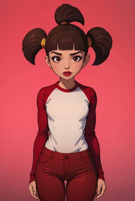 (masterpiece, best quality), 1girl, <lora:Trixie_LazyTown_Leaf4:0.8> solo, Trixie, 1girl, solo, brown hair, short twintails, brown eyes, blunt bangs, white shirt, red raglan sleeves, pink lipstick, red sleeves, red pants,