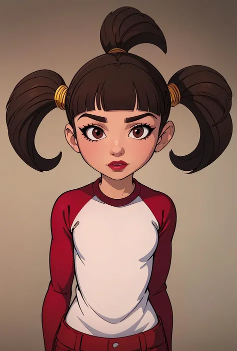 (masterpiece, best quality), 1girl,  <lora:Trixie_LazyTown_Leaf4:0.8> solo,  Trixie, 1girl, solo, brown hair, short twintails, brown eyes,    blunt bangs,  white shirt, red raglan sleeves, pink lipstick,  red sleeves, red pants,