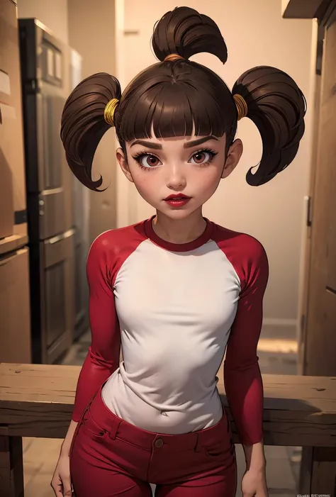 (masterpiece, best quality), 1girl, <lora:Trixie_LazyTown_Leaf4:0.8> solo, Trixie, 1girl, solo, brown hair, short twintails, brown eyes, blunt bangs, white shirt, red raglan sleeves, pink lipstick, red sleeves, red pants,