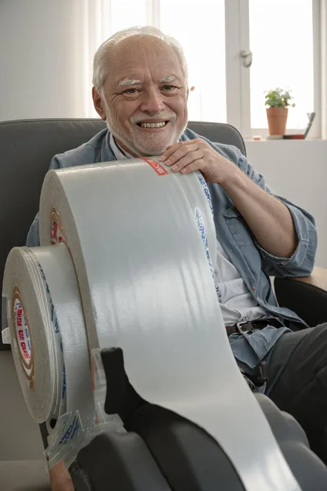 <lora:Hide_da_painV2:0.8> <lora:duct_tape:1> harold sitting on a giant chair, holding a large (tuct tape roll:1.2), smiling, 8k uhd, dslr, high quality, film grain, Fujifilm XT3