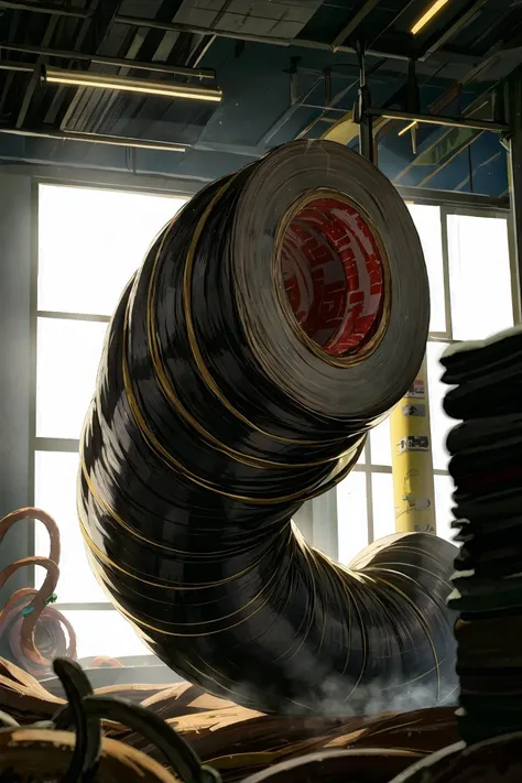 <lora:flat2:-1>, <lora:duct_tape-05:1.2>, duct, <lora:Sandworm:0.5>, Sandworm, A giant worm suddenly appears in an abandoned factory. Its body is made of duct tape-like material, stacked in layers. The worm curls up its body and extends a black tongue from it. The tongue is rolled up like duct tape and unrolls with force when attacking. The tongue is sticky and tries to eat the machines and parts in the factory.