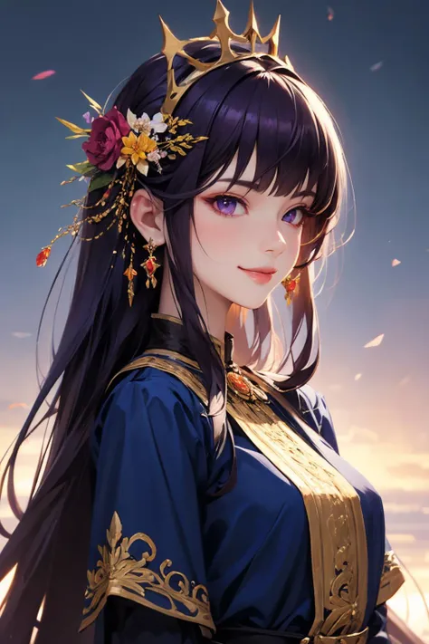 (masterpiece, best quality), intricate details, beautiful girl, purple hair, blunt bangs, light purple eyes, sharp jawline, Fairy queen crowns with cascading flowers, long hair, lips, upper body, smirk