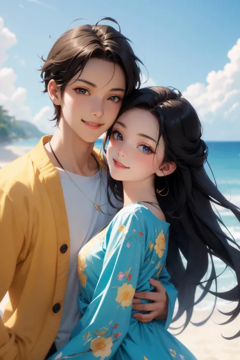 masterpiece, best quality, 2others, couple, (1man with 1woman:1.4), mature, adult, Height difference, different fashion, different color, finely detailed eyes and detailed face, intricate details, happy, love, smile, casual clothes, long sleeves, swirling wind, blue sky, ocean, beach