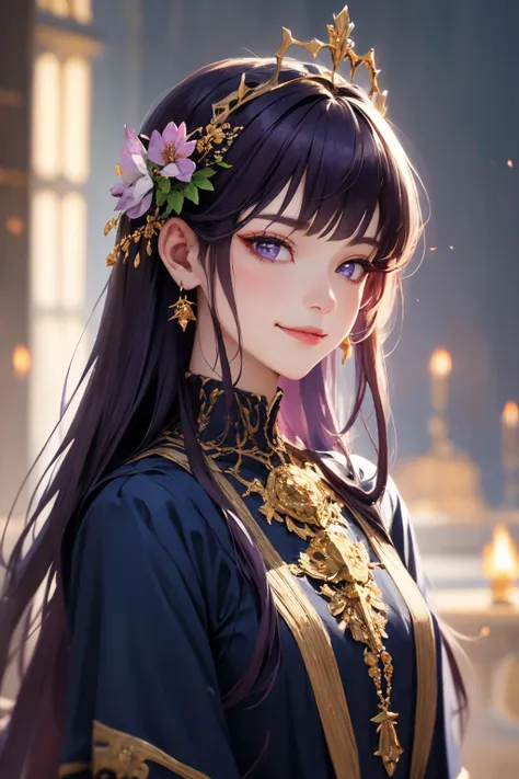 (masterpiece, best quality), intricate details, beautiful girl, purple hair, blunt bangs, light purple eyes, sharp jawline, Fairy queen crowns with cascading flowers, long hair, lips, upper body, smirk