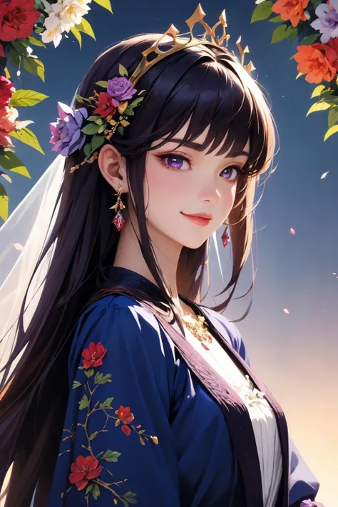 (masterpiece, best quality), intricate details, beautiful girl, purple hair, blunt bangs, light purple eyes, sharp jawline, Fairy queen crowns with cascading flowers, long hair, lips, upper body, smirk