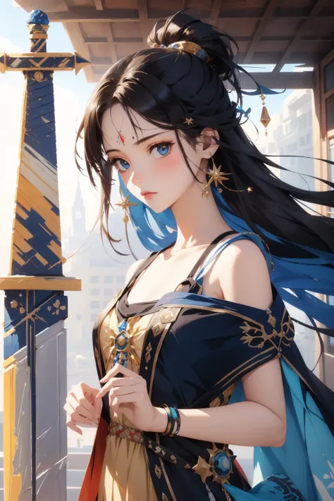 1girl, (art by Michael Creese:1.3) , vibrant Digital art, hyper detailed, top-down view of a Unmotivated Cromulent Bangladeshi ([Sword|Obelisk] of Building:1.3) , it is designed by Pirates of the Caribbean, it is covered in Seashells, simple tiger print background, Navy Blue flora and Quasar in background, Foggy, horizon-centered, Rough sketch, Hopeful, Kingcore, back-light, Selective focus, Lomography, Beige flakes, full of deep indigo, UHD, award winning