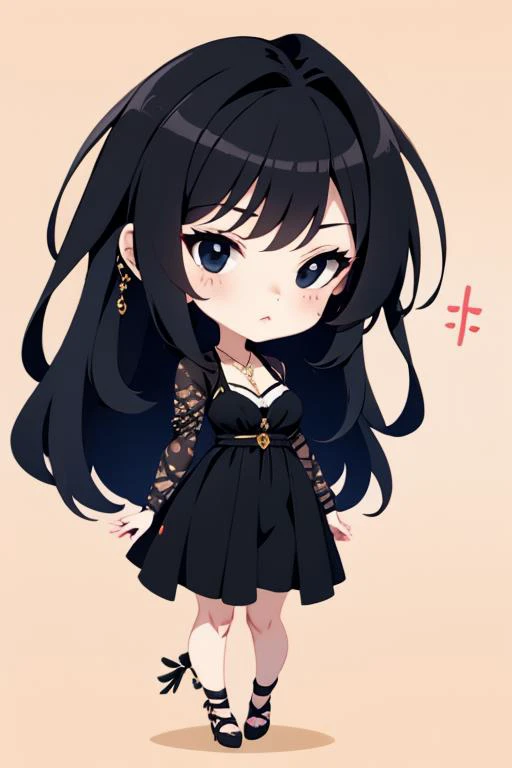 <lora:AgainChibiLora_v1:1>,1girl, solo, jewelry, black hair, necklace, dress, black eyes, black dress, black footwear, full body, breasts, sea,