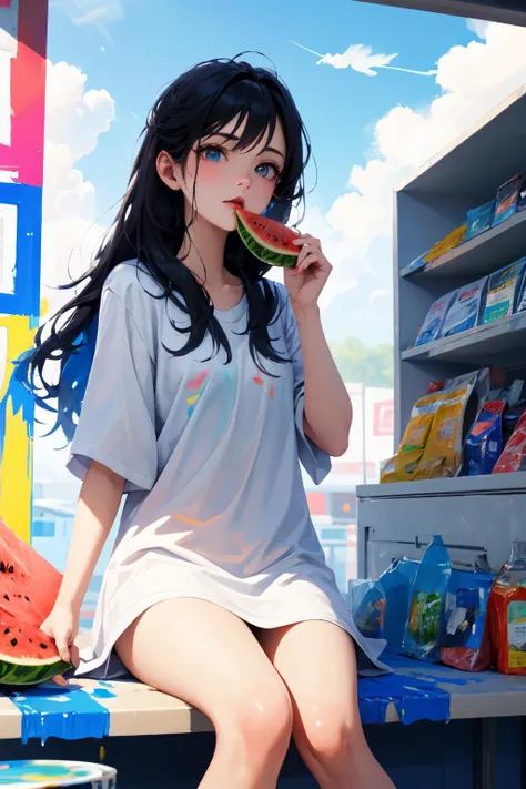 the girl is sitting idle in the convenience store, blowing the fan, eating watermelon, the blue sky is floating with white clouds outside, her delicate face, (pupil: 1.1), ((Colorful paint splashed on a transparent background, Dulux,)), delicate Eyes, many clouds, clouds occupy one-third of the picture, many clouds, delicate eyes,