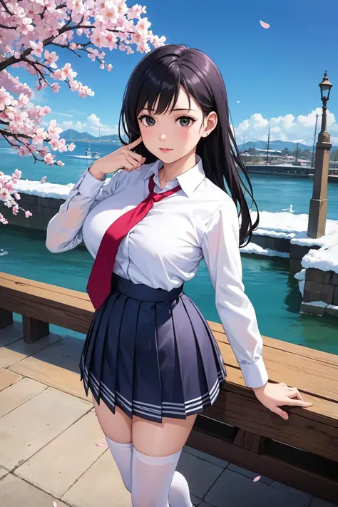 (best quality:1.4),(masterpiece:1.4),(photorealistic:1.4),(ultra high res, raw photo:1.4),(hdr, hyperdetailed:1.2),1girl,black eyes,pointing up,large pectorals,spread fingers,highres,light and shadow snowing,cherry blossoms,hand on hip,pectoral lift,princess,aqua hair,long hair,aqua necktie,black footwear,light blue skirt,white lace long stockings,shigh heel,collared shirt,necktie,pleated skirt,shirt,skirt,tie clip,